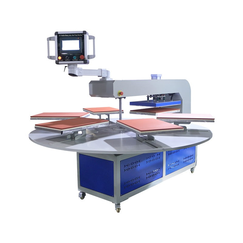 GS-QD6 carousel pneumatic heat press machine with rotating platen and smart LCD control for textile and multi-format production