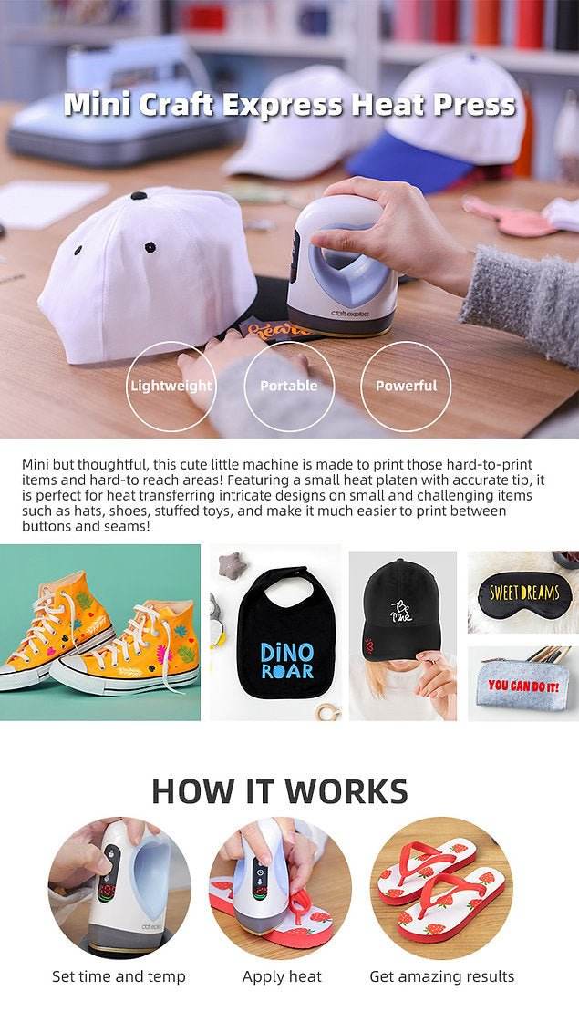 Compact and portable Mini Craft Express Heat Press for precise heat transfers on hats, shoes, and crafts with adjustable temperature and timer controls