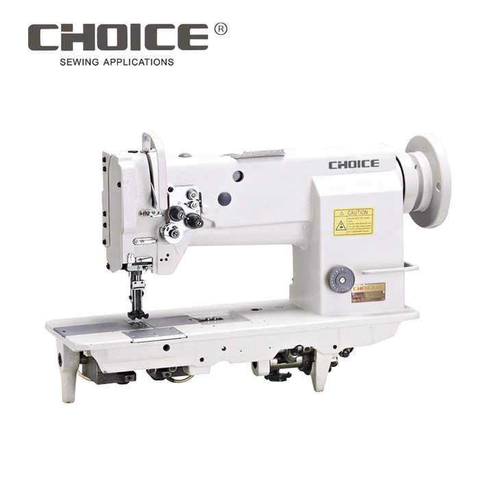 Golden Choice GC4420 industrial flatbed double needle sewing machine in white for heavy-duty lockstitch with high-speed manual feed mechanism.