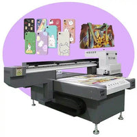 LANSONG UV Flatbed Printer 6090 with 4 Ricoh GH220 printheads for multi-color printing on various materials including phone cases and bags