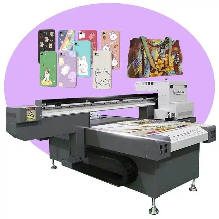 LANSONG UV Flatbed Printer 6090 with 4 Ricoh GH220 printheads for multi-color printing on various materials including phone cases and bags