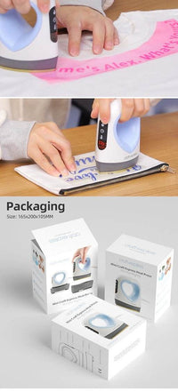 Mini Craft Express Heat Press compact device for precise heat transfer on fabric with adjustable temperature and timer, shown in use and packaging boxes.