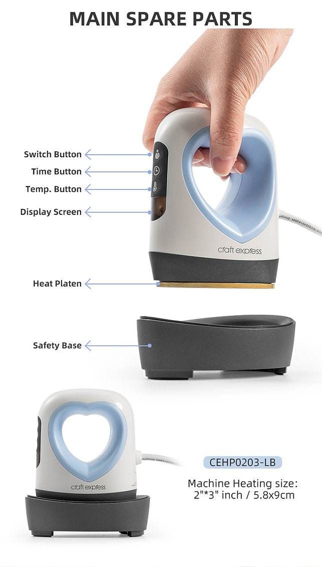 Compact Mini Craft Express Heat Press with adjustable temperature and timer, 2x3 inch heat platen, dual voltage for craft projects