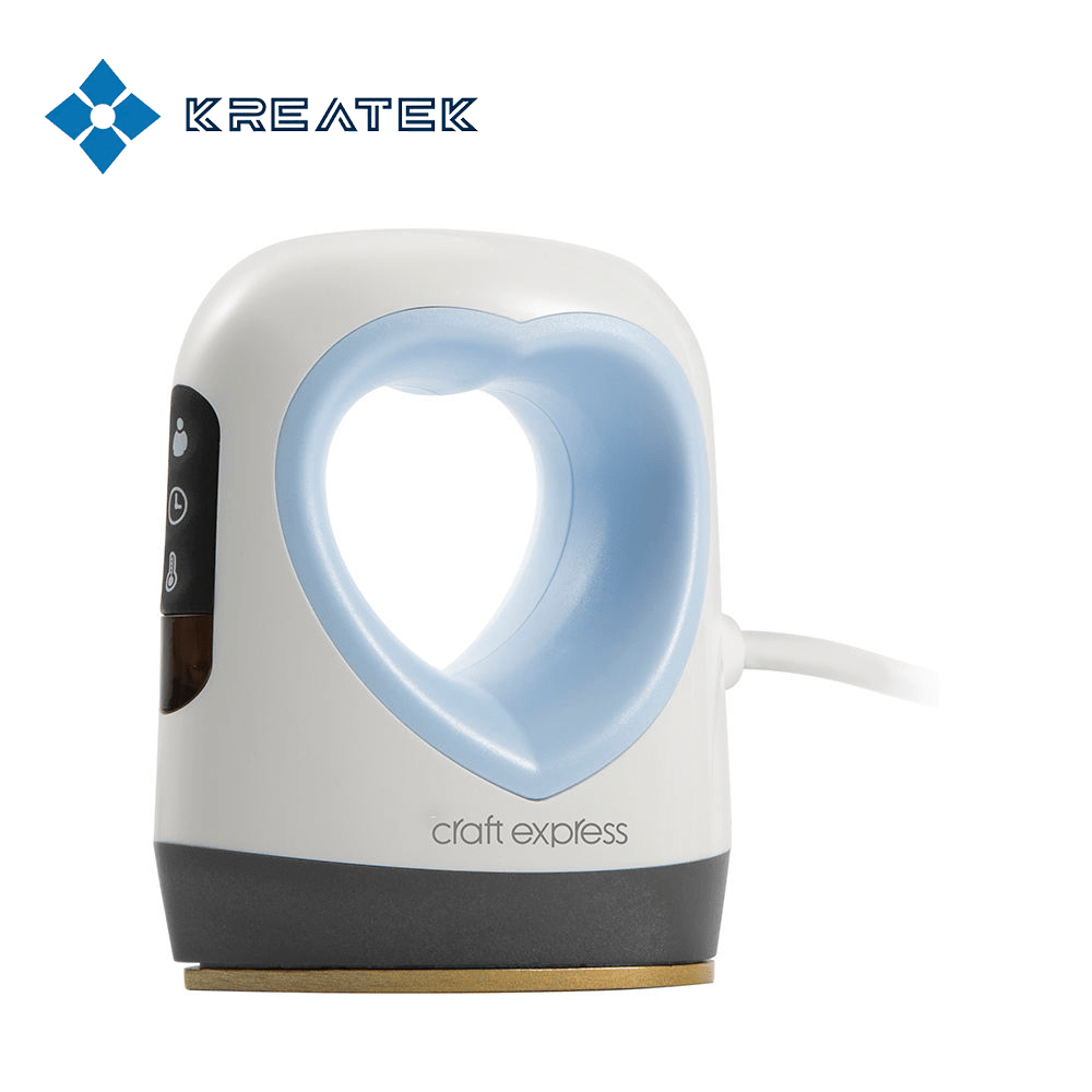 Compact Minipresse heat press with heart-shaped handle and digital controls for crafting projects