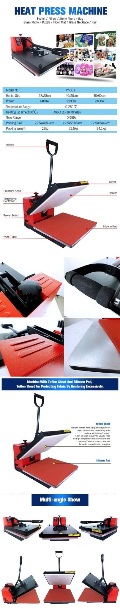 Varmepressmaskin Modell XY-001 38x38 cm professional heat press machine for T-shirts and multiple materials with adjustable temperature and timer controls