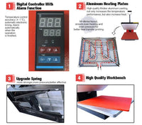 Varmepressmaskin Modell XY-001 with digital controller, aluminum heating platen, upgraded spring, and high-quality workbench for professional heat pressing.