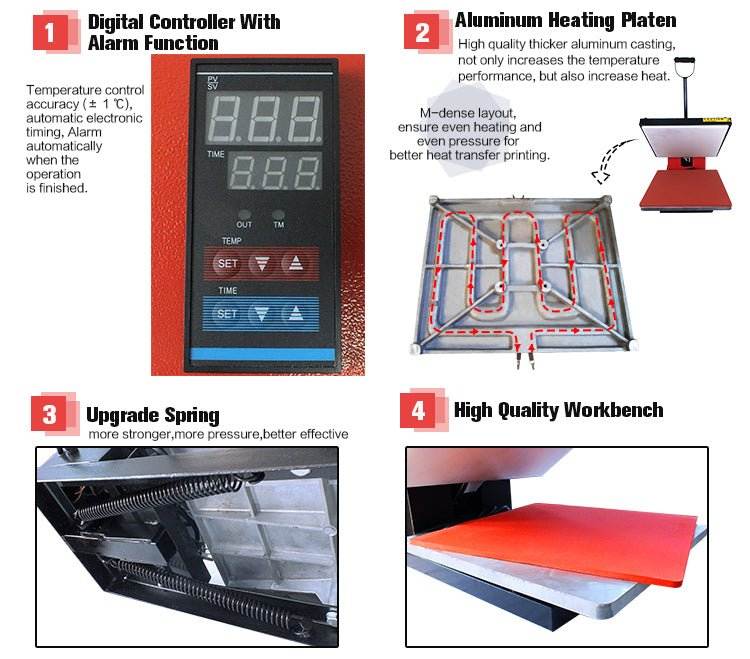 Varmepressmaskin Modell XY-001 with digital controller, aluminum heating platen, upgraded spring, and high-quality workbench for professional heat pressing.