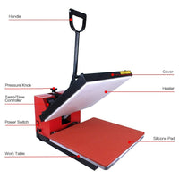Varmepressmaskin Modell XY-001 with handle, pressure knob, temp/time controller, power switch, heater, silicone pad, and work table for professional heat pressing.
