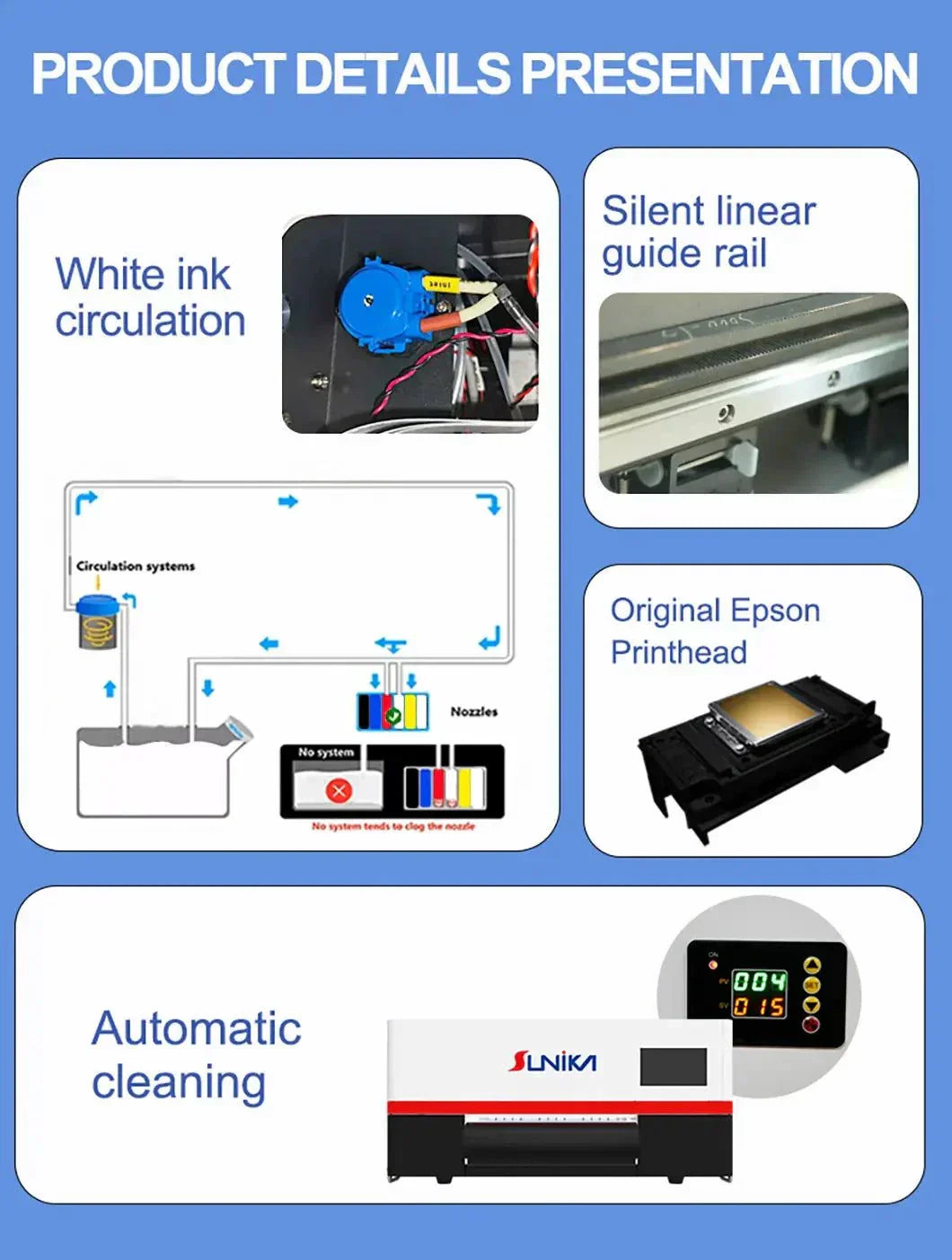 Sunika SK-A302 DTF printer med to Epson printhoder, automatisk rensing og høy effektivitet for profesjonell tekstiltrykk.