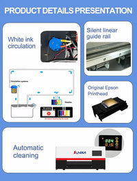 Sunika SK-A302 DTF printer med to Epson printhoder, automatisk rensing og høy effektivitet for profesjonell tekstiltrykk.