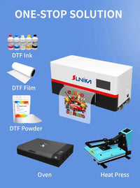 Sunika SK-A302 DTF-printer med to printhoder, inkludert blekk, film, pulver, ovn og varmepress for profesjonell tekstiltrykk.