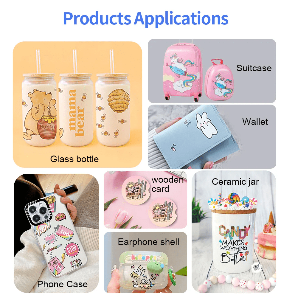 Sunika SK30-3 UV-DTF printer applications on glass bottles, suitcase, wallet, phone case, wooden card, earphone shell, and ceramic jar with colorful custom prints.