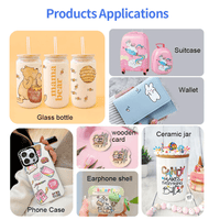 Sunika SK30-3 UV-DTF printer applications on glass bottles, suitcase, wallet, phone case, wooden card, earphone shell, and ceramic jar with colorful custom prints.
