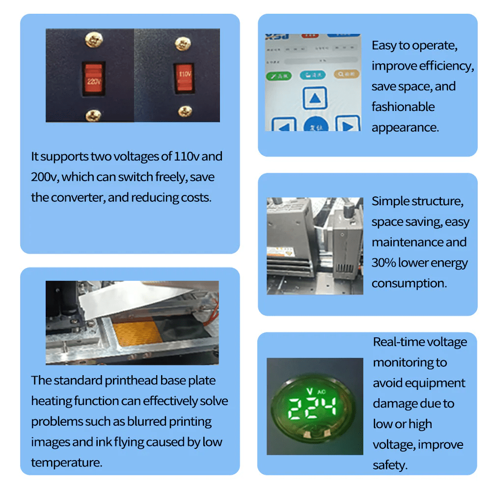 SUNIKA UV-DTF SK30-3 printer features dual voltage support, energy-efficient design, touch panel operation, real-time voltage monitoring, and heated printhead base for high-quality UV-DTF printing.