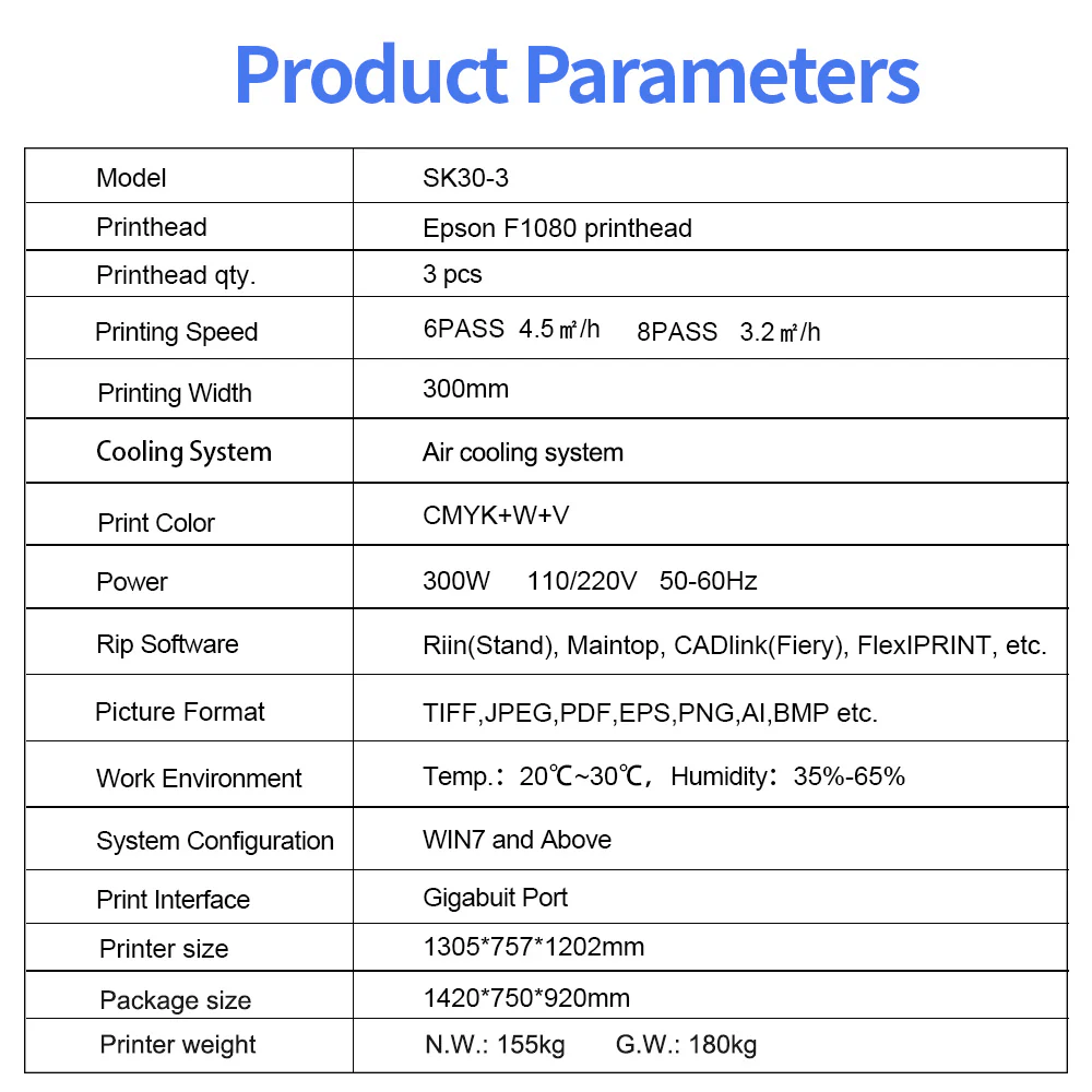 SUNIKA UV-DTF SK30-3 printer with 3 Epson F1080 printheads, 300mm width, CMYK+White+Varnish colors, air cooling, and Gigabit port for high-speed, professional UV-DTF printing.