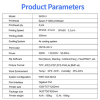 SUNIKA UV-DTF SK30-3 printer with 3 Epson F1080 printheads, 300mm width, CMYK+White+Varnish colors, air cooling, and Gigabit port for high-speed, professional UV-DTF printing.