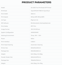 Profesjonell Sunika SK-A302 DTF-printer med to Epson F1080-A1 printhoder, 330 mm printbredde og pigmentblekk for høy kvalitet på PET-film.