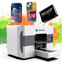 SUNIKA UV-A3 flatbed printer showcasing vibrant prints on a can, phone case, and card with colorful splatter background