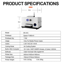Sunika SK-A3C Printer with Epson F1080-A1 printhead for high-precision UV printing on mobile phone cases, compact design with air cooling system.
