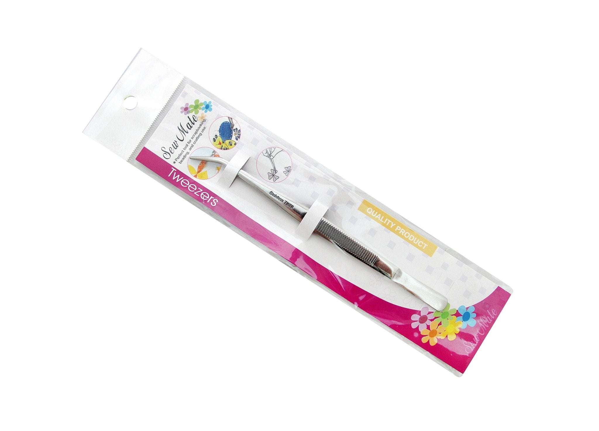 Sewmate Pinsett tweezers for embroidery machines in clear packaging with floral design